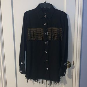 Black shacket with gold fringe